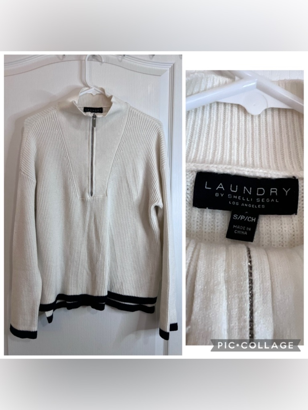 Laundry By Shelli Segal Cream Ribbed Half-Zip Sweater with Black Trim size S
